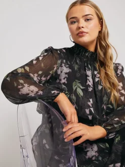 Yours Curve Black London Floral Shirred Waist Collar Dress