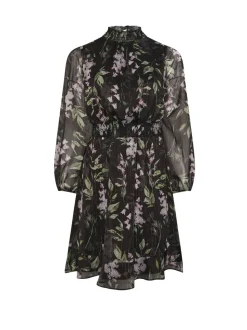 Yours Curve Black London Floral Shirred Waist Collar Dress