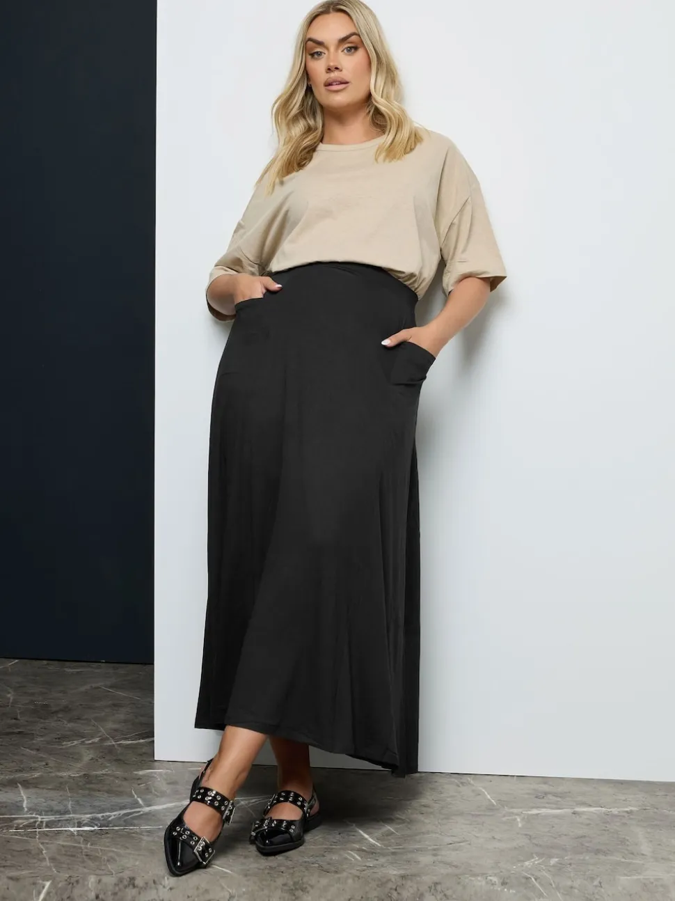 Yours Curve Black Maxi Jersey Stretch Skirt
