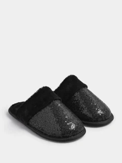 Yours Curve Black Sequin Slippers