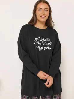 Yours Curve Black Stars Take You Long Sleeve Pyjamas and Tops Set