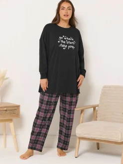 Yours Curve Black Stars Take You Long Sleeve Pyjamas and Tops Set