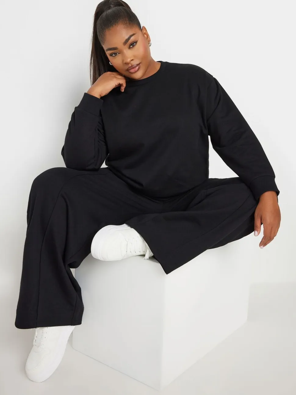 Yours Curve Black Sweatshirt & Wide Leg Joggers Set
