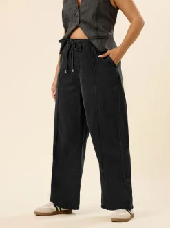 Yours Curve Black Wide Fit Wide Leg Seam Front Jeans