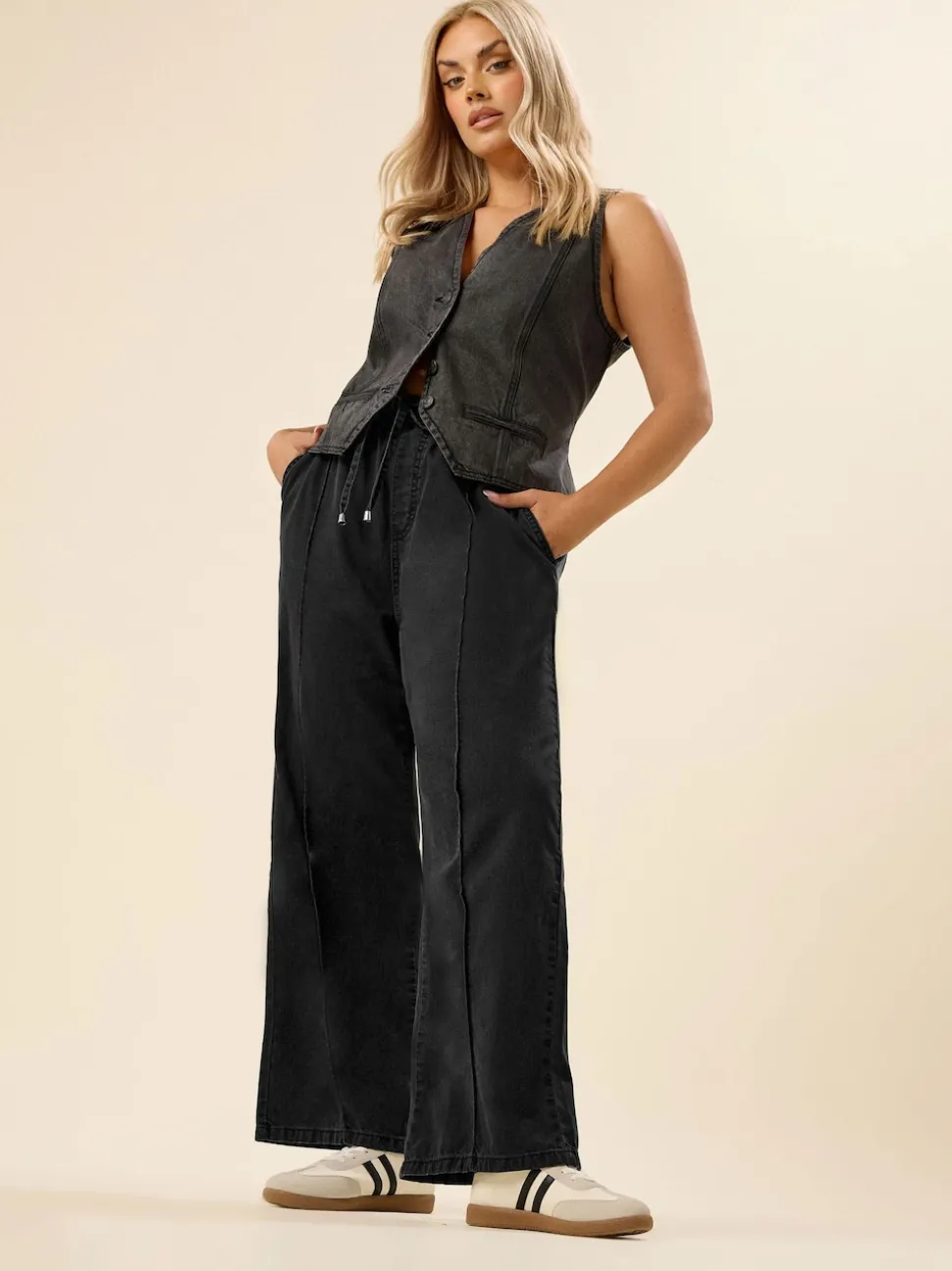 Yours Curve Black Wide Fit Wide Leg Seam Front Jeans