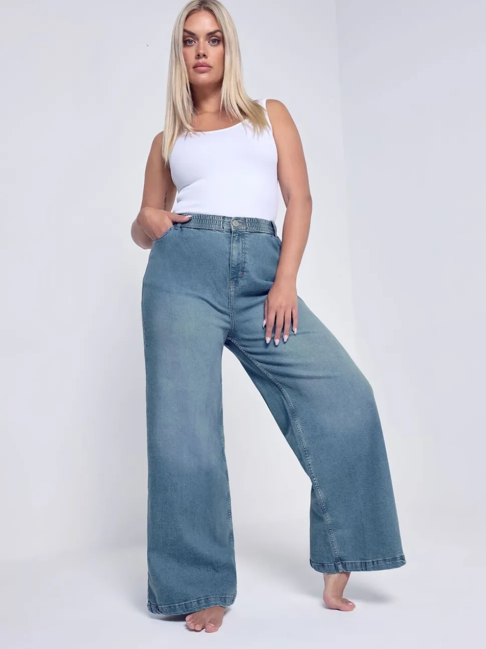 Yours Curve Blue Wide Leg Pull On Puddle Jeans