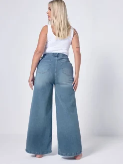 Yours Curve Blue Wide Leg Pull On Puddle Jeans