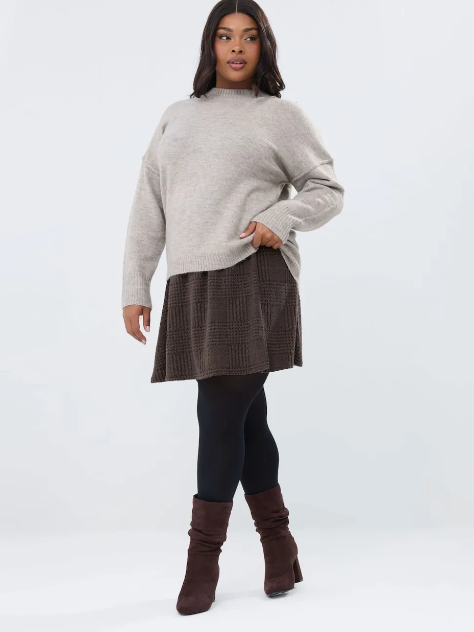 Yours Curve Brown Check Mini Skirt