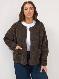 Yours Curve Brown Collarless Popper Fleece