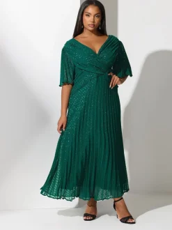 Yours Curve Green London Metallic Pleated Wrap Dress