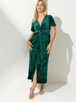 Yours Curve Green London Velvet Knot Dress