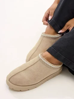 Yours Curve Natural Faux Suede Embroidered Mules