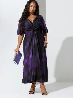 Yours Curve Purple London Knot Front Angel Sleeve Dress