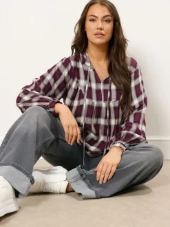 Yours Curve Red Check Tie Neck Blouse