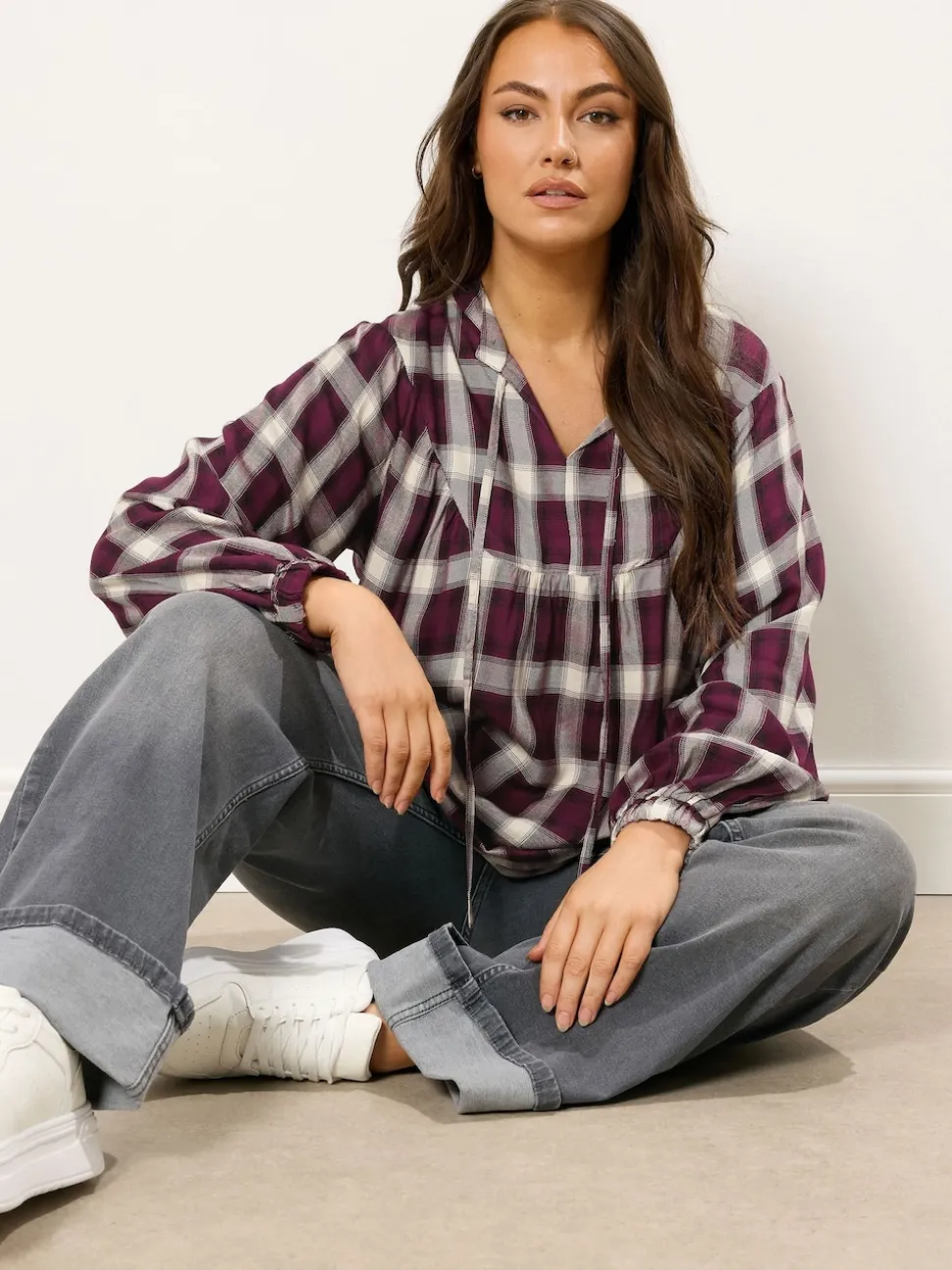 Yours Curve Red Check Tie Neck Blouse