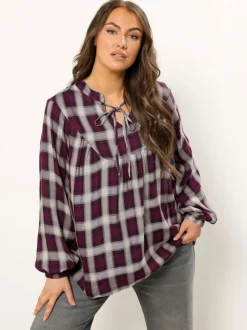Yours Curve Red Check Tie Neck Blouse