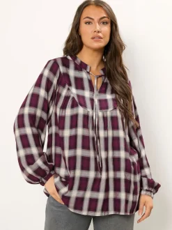 Yours Curve Red Check Tie Neck Blouse