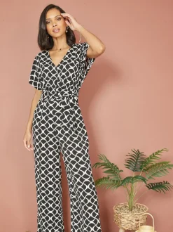 Yumi Black Geometric Print Wrap Jumpsuit