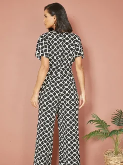 Yumi Black Geometric Print Wrap Jumpsuit