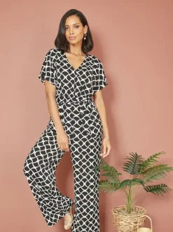 Yumi Black Geometric Print Wrap Jumpsuit
