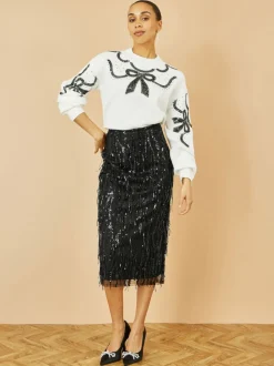 Yumi Black Hanging Sequin Fitted Midi Skirt