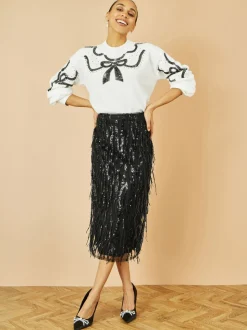 Yumi Black Hanging Sequin Fitted Midi Skirt