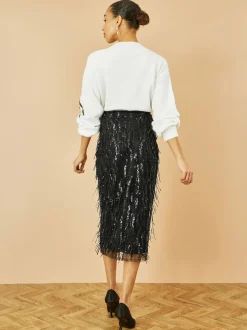 Yumi Black Hanging Sequin Fitted Midi Skirt