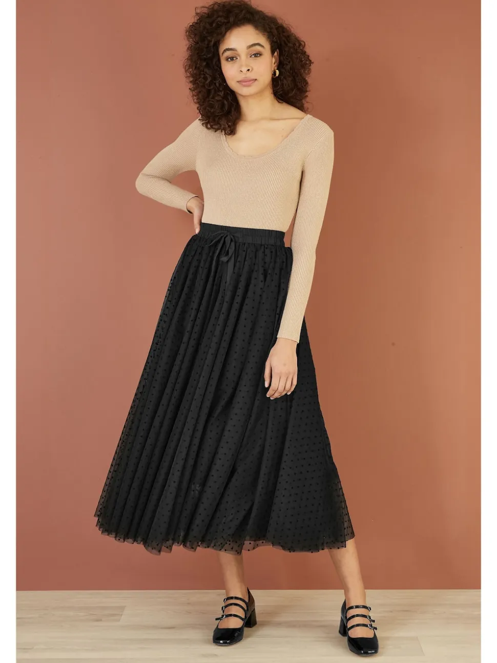 Yumi Black Mesh Heart Print Tulle Skirt