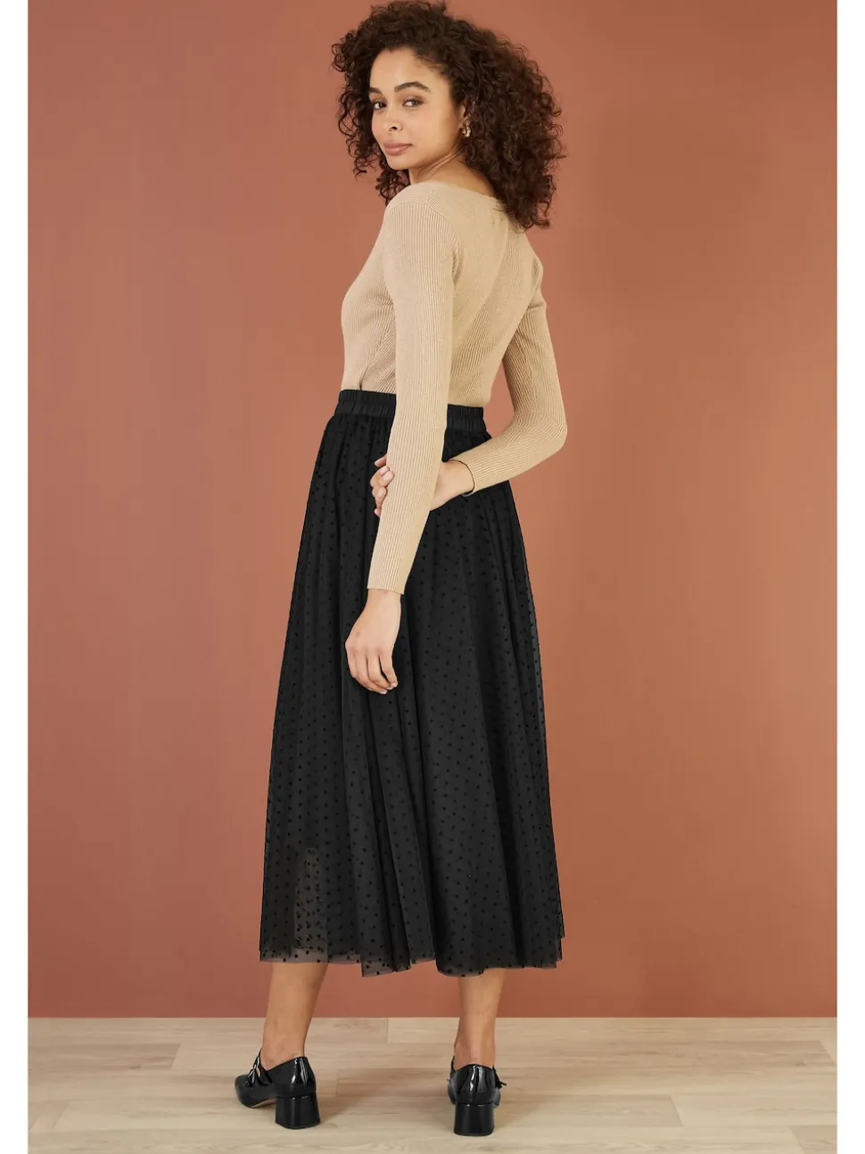 Yumi Black Mesh Heart Print Tulle Skirt