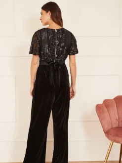 Yumi Black Sequin Embellished Velvet Jumpsuit With Angel Sleeves