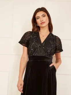 Yumi Black Sequin Embellished Velvet Jumpsuit With Angel Sleeves