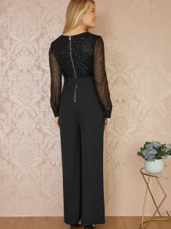 Yumi Black Sequin Jumpsuit With Long Sleeves