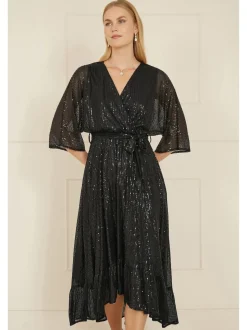Yumi Black Sequin Kimono Midi Wrap Dress