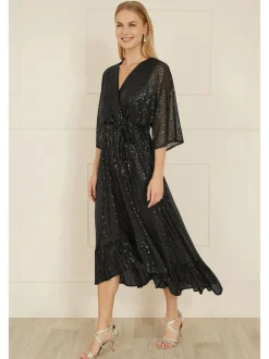 Yumi Black Sequin Kimono Midi Wrap Dress
