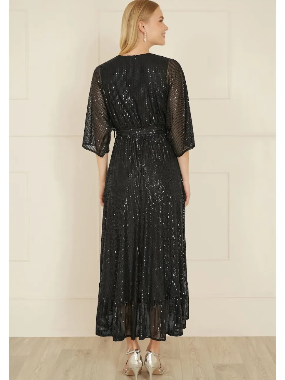 Yumi Black Sequin Kimono Midi Wrap Dress