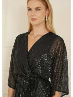 Yumi Black Sequin Kimono Midi Wrap Dress