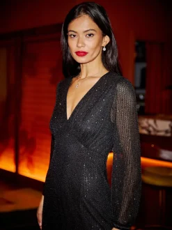 Yumi Black Sequin Long Sleeve Midi Dress