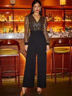Yumi Black Sequin Wrap Over Jumpsuit