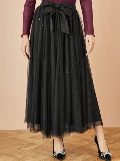 Yumi Black Sparkle Mesh Tulle Skirt With Satin Bow