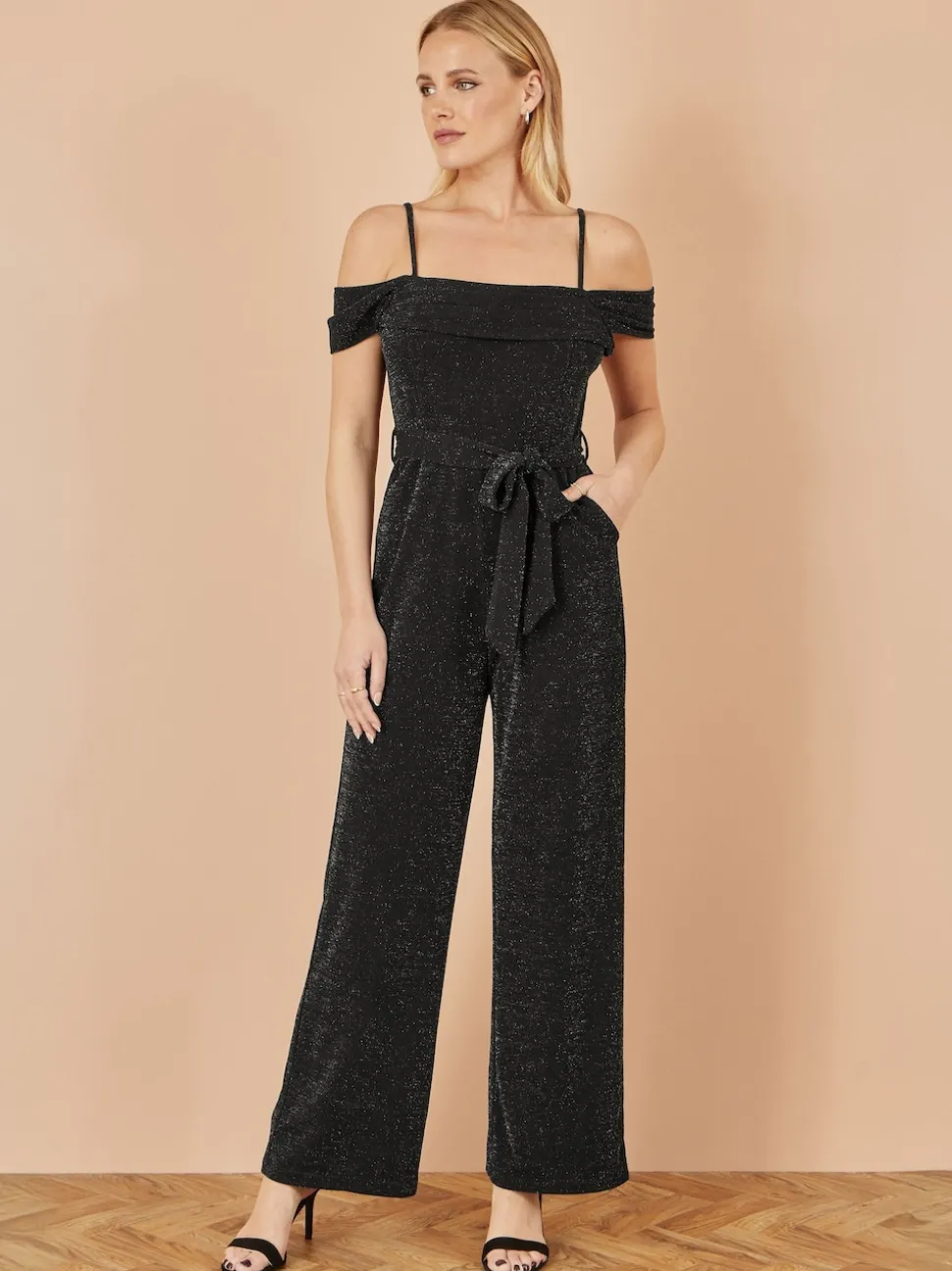 Yumi Black Sparkle Stretch Bardot Jumpsuit