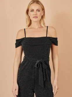 Yumi Black Sparkle Stretch Bardot Jumpsuit