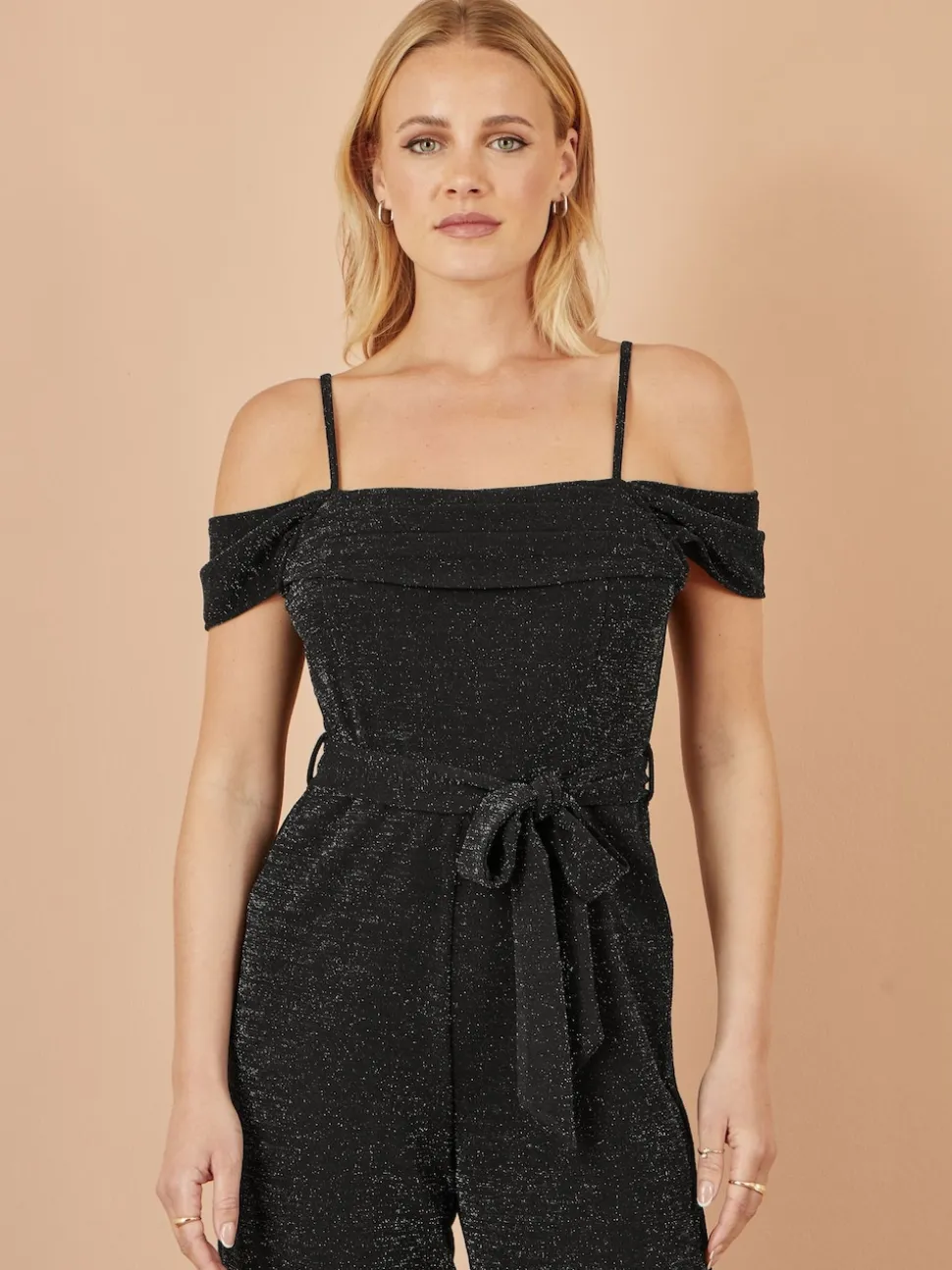 Yumi Black Sparkle Stretch Bardot Jumpsuit