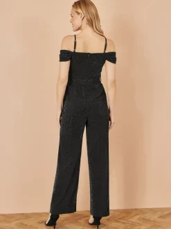 Yumi Black Sparkle Stretch Bardot Jumpsuit