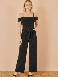 Yumi Black Sparkle Stretch Bardot Jumpsuit