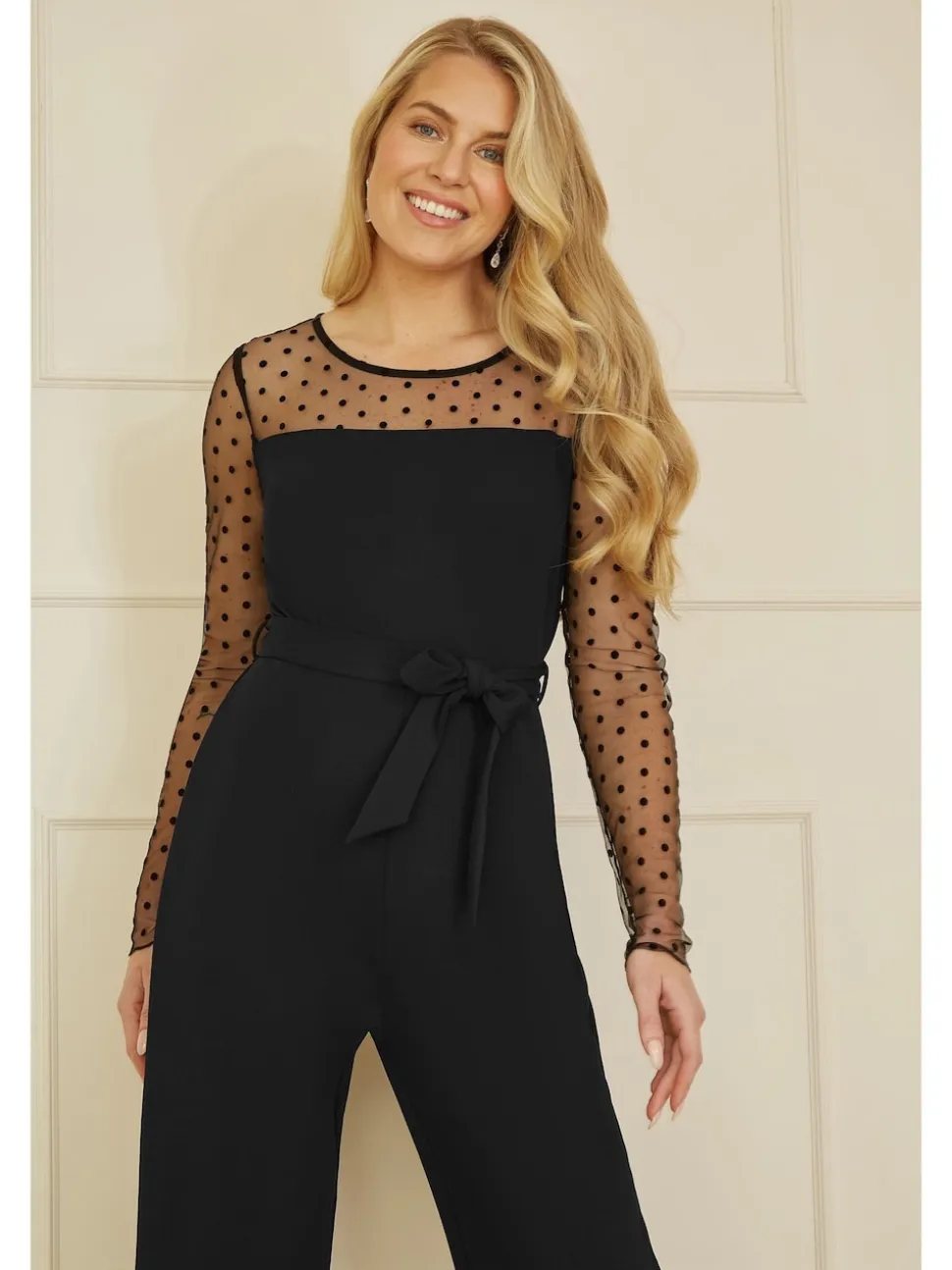 Yumi Black Spot Mesh Stretch Jumpsuit