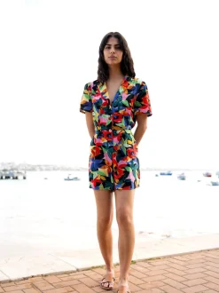 Yumi Black Tropical Leaf Print Playsuit