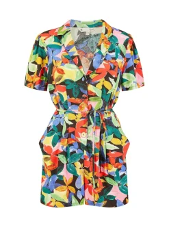 Yumi Black Tropical Leaf Print Playsuit