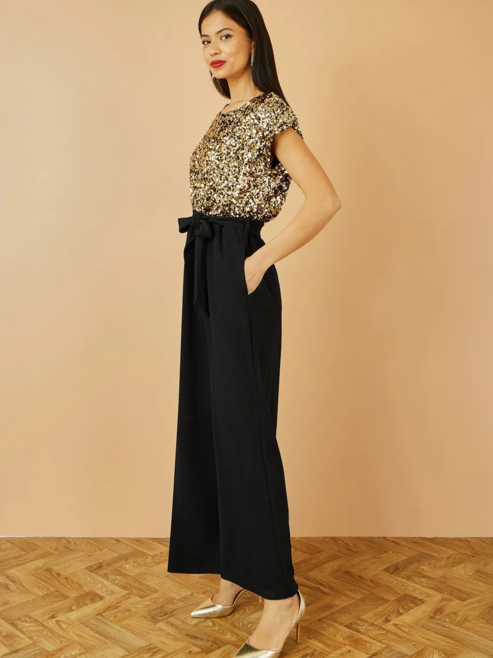 Yumi Gold Sequin Top Stretch Jumpsuit