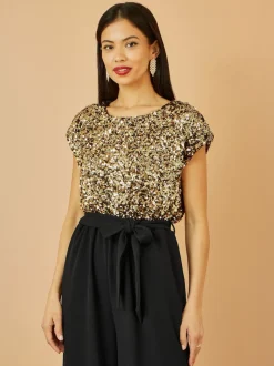 Yumi Gold Sequin Top Stretch Jumpsuit