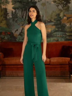 Yumi Green Cross Over Halter Neck Jumpsuit